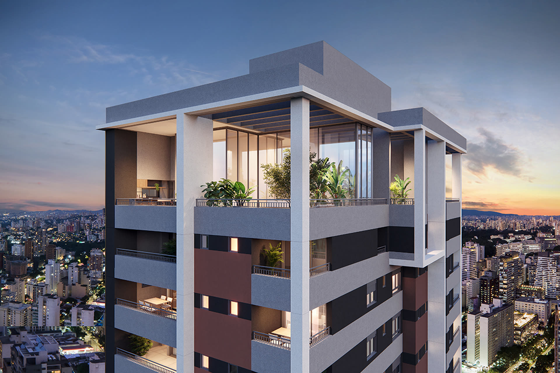 Perspectiva da cobertura duplex do Praça Kant, com vista da cidade ao entardecer